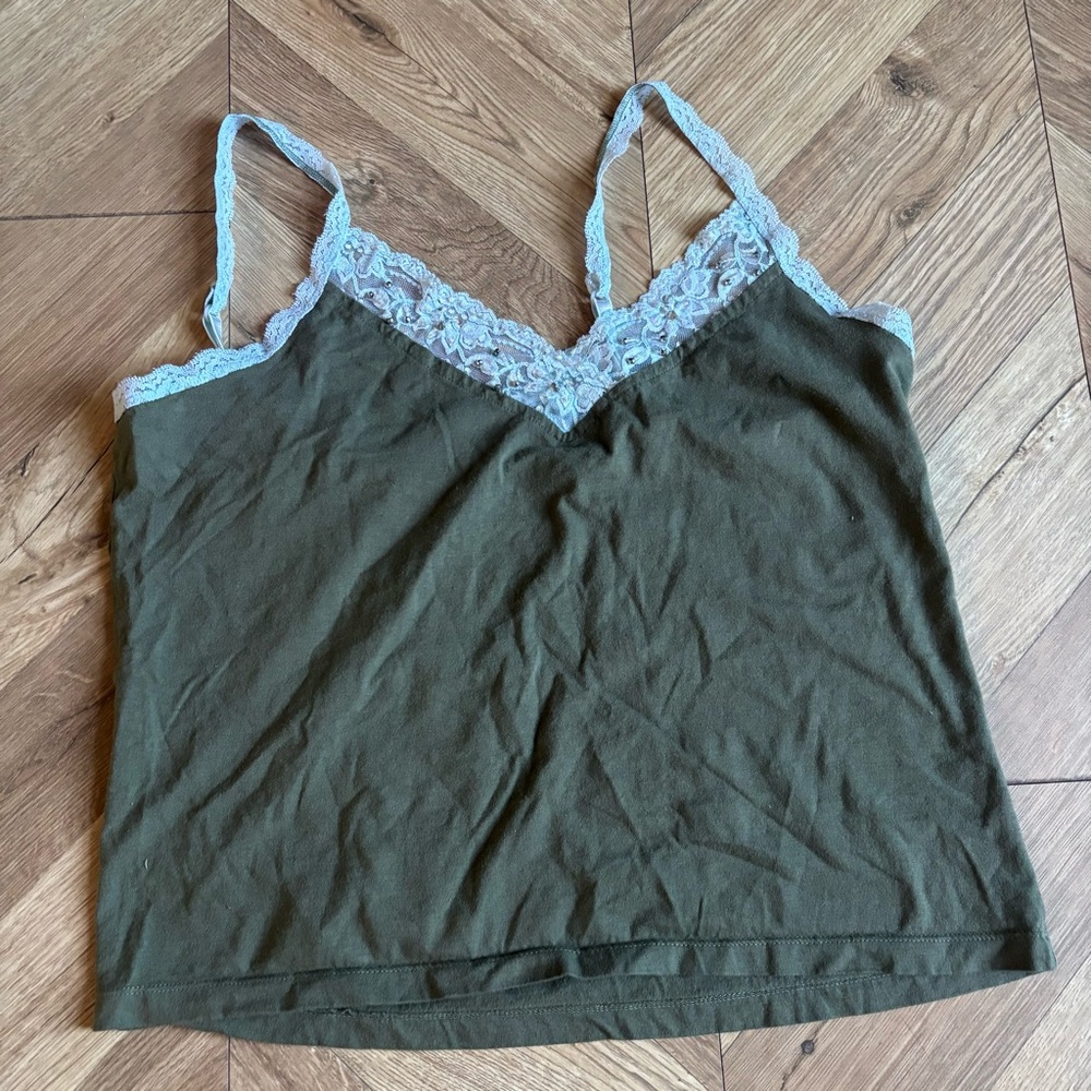 Jessica Olive Green Camisole with Blue Beaded Lace Trim Detail